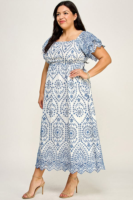 Plus Size Embroidered Smock Midi Dress