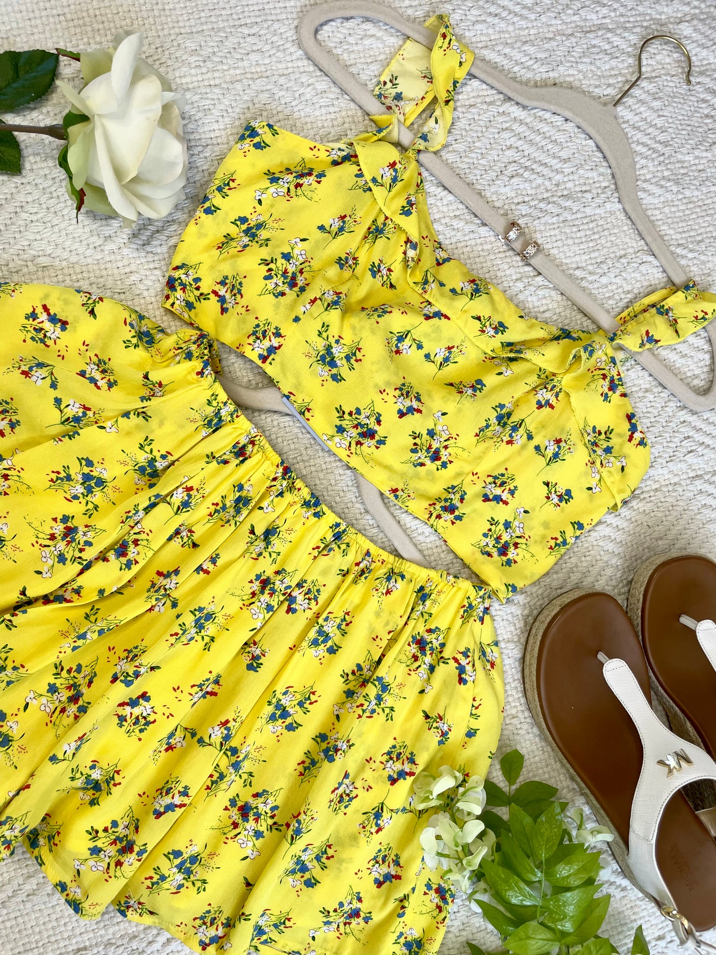 Yellow Rose Print Two-Piece Set