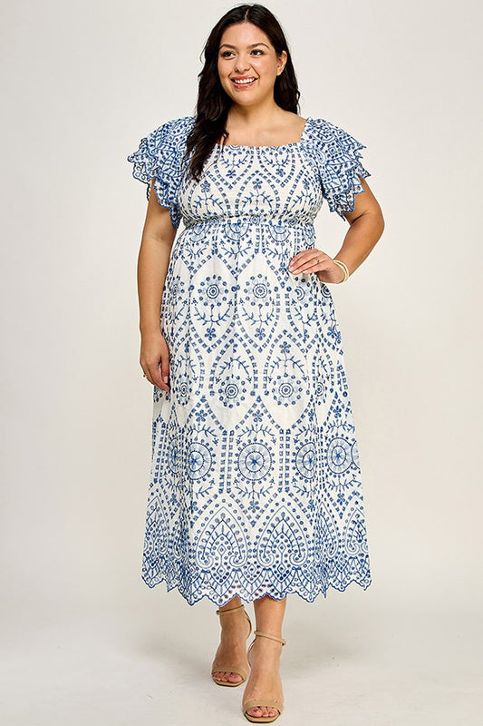 Plus Size Embroidered Smock Midi Dress