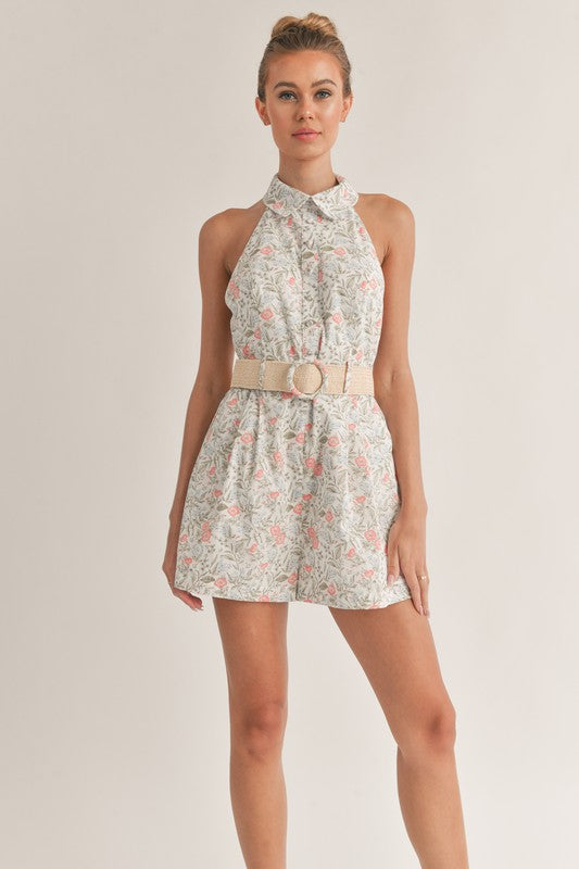 Floral Print Romper with Belt