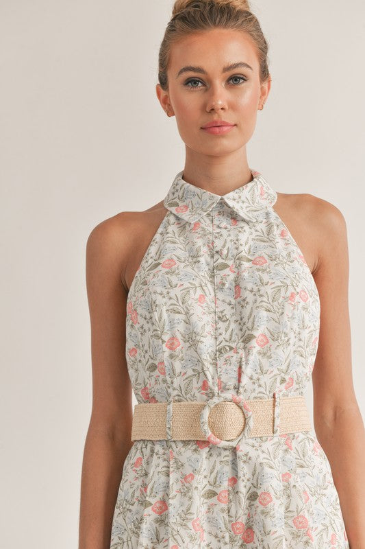 Floral Print Romper with Belt