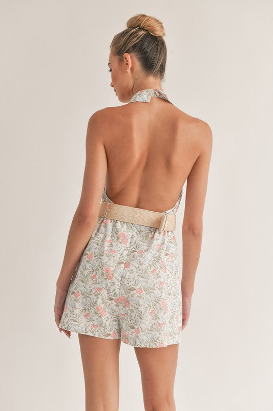Floral Print Romper with Belt