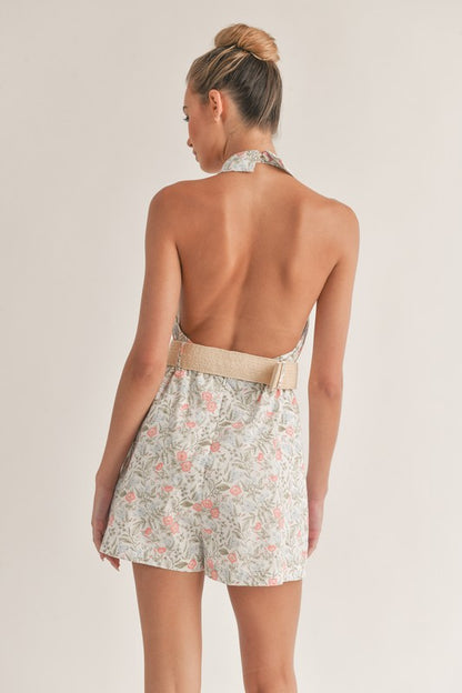 Floral Print Romper with Belt