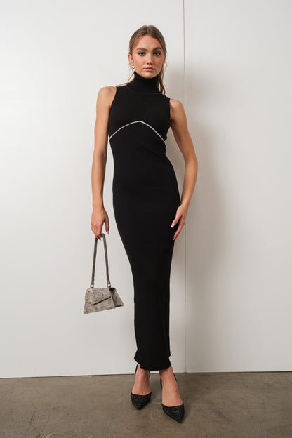  Onyx Elegance Jewel-Trimmed Maxi Dress