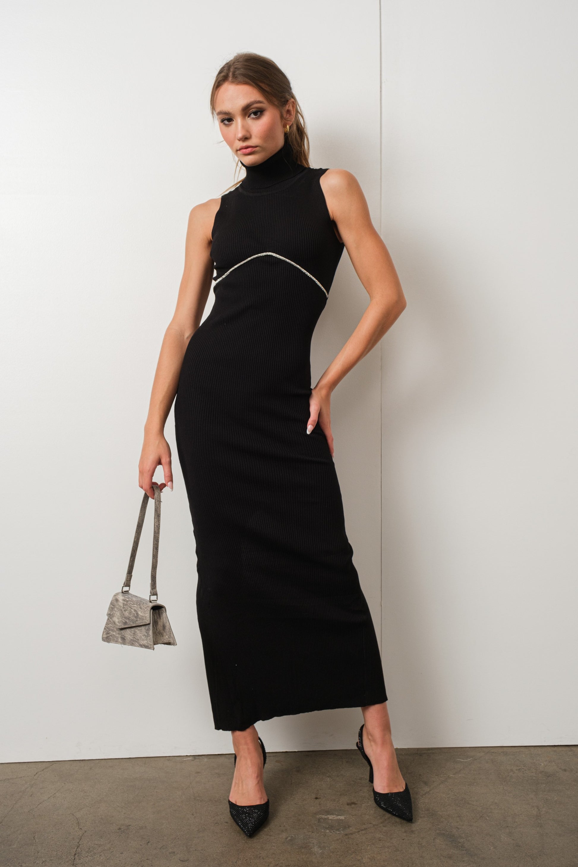  Onyx Elegance Jewel-Trimmed Maxi Dress