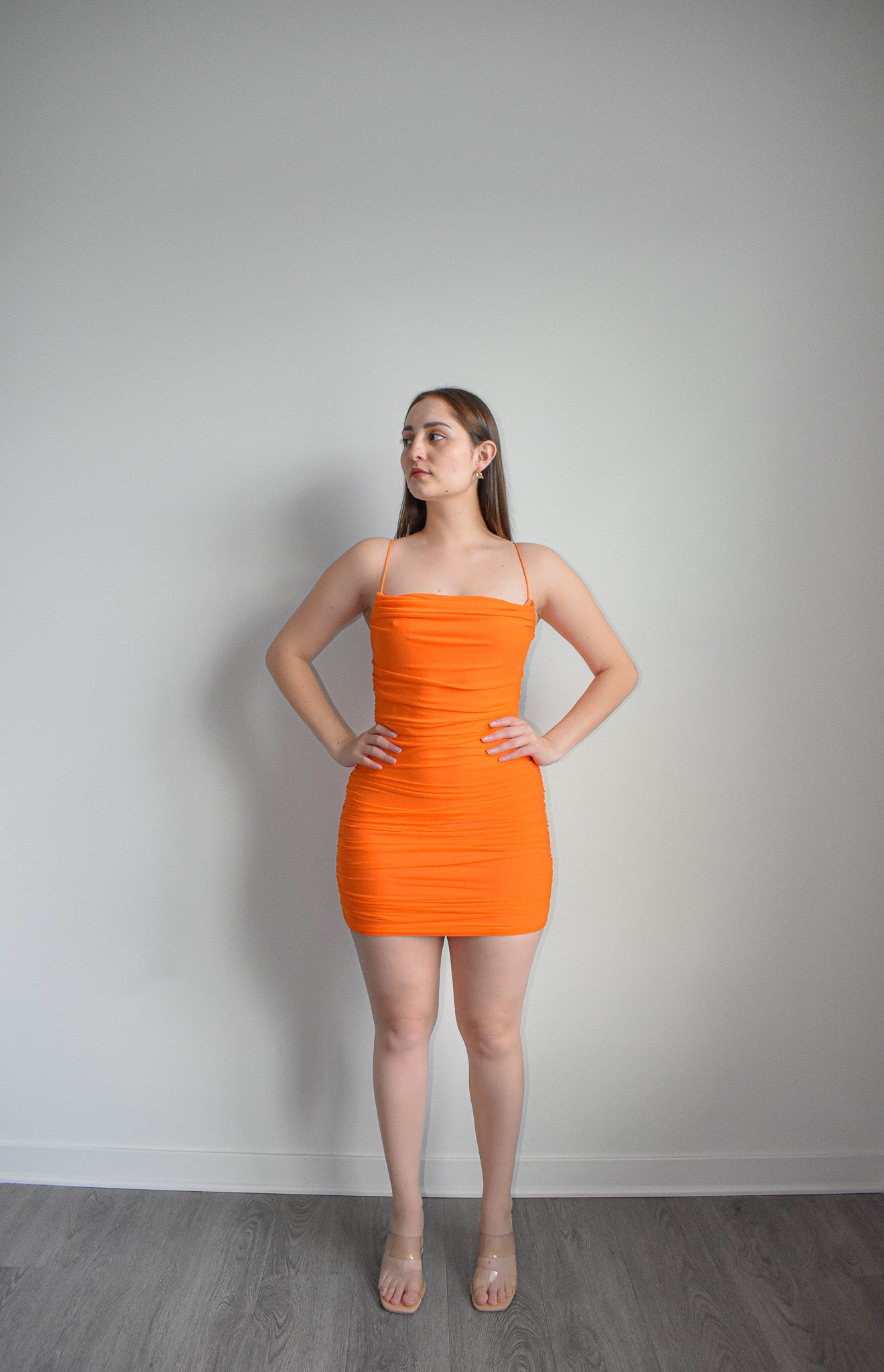 Sultry Ruched Citrus Glam Mini Dress