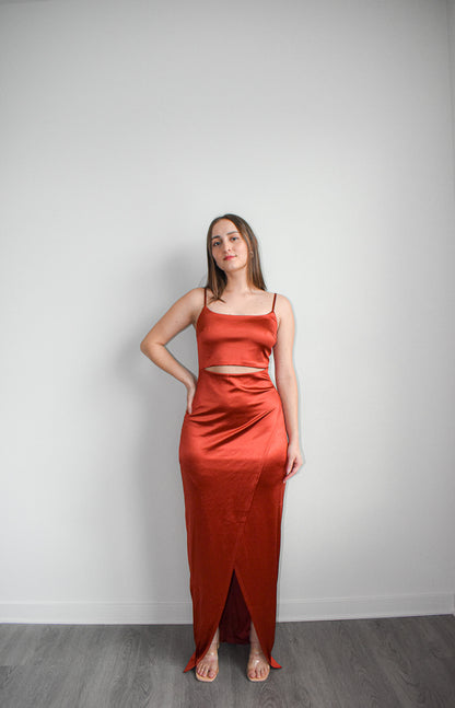 Rust Elegance Satin Maxi Dress