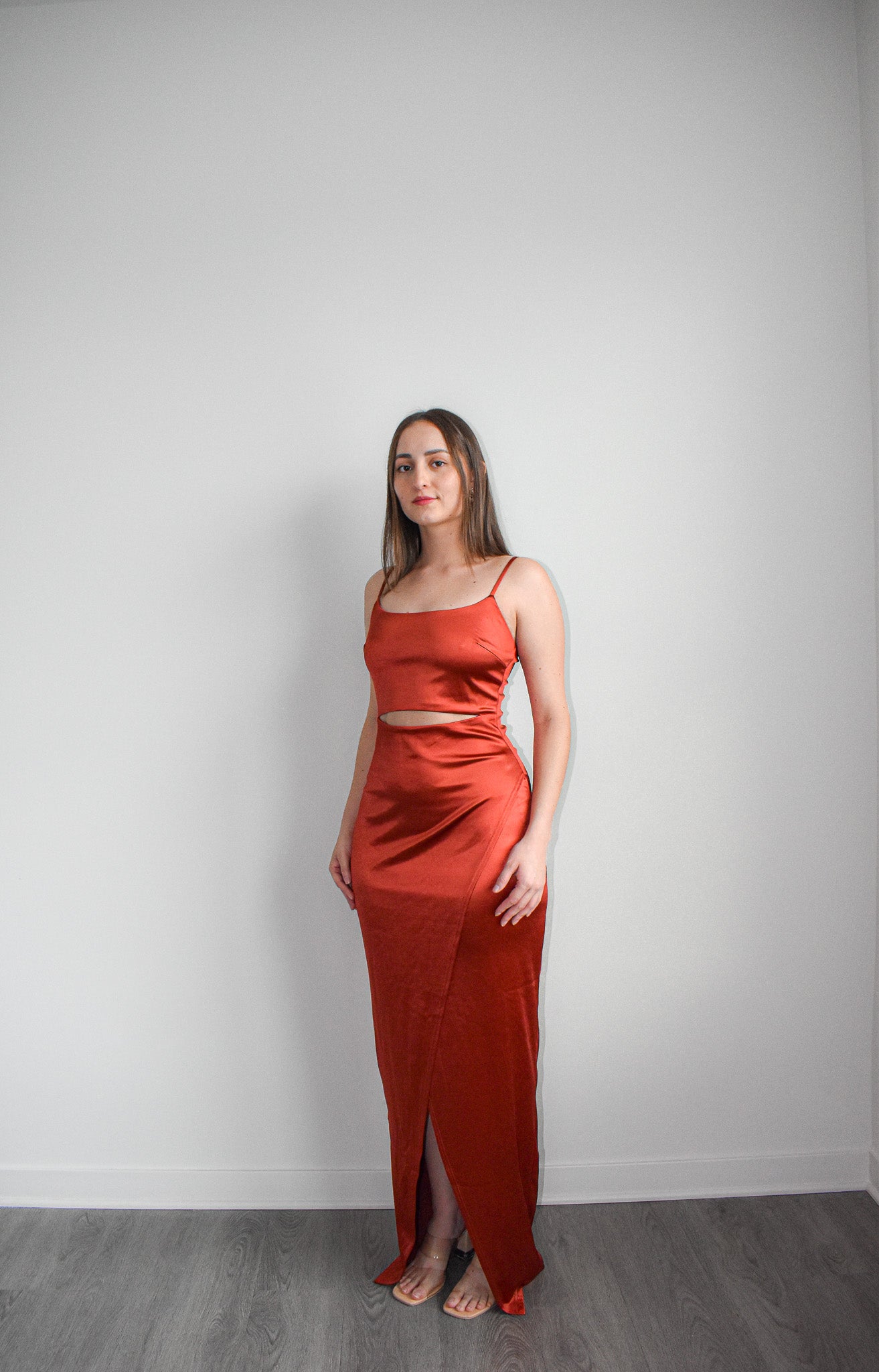 Rust Elegance Satin Maxi Dress