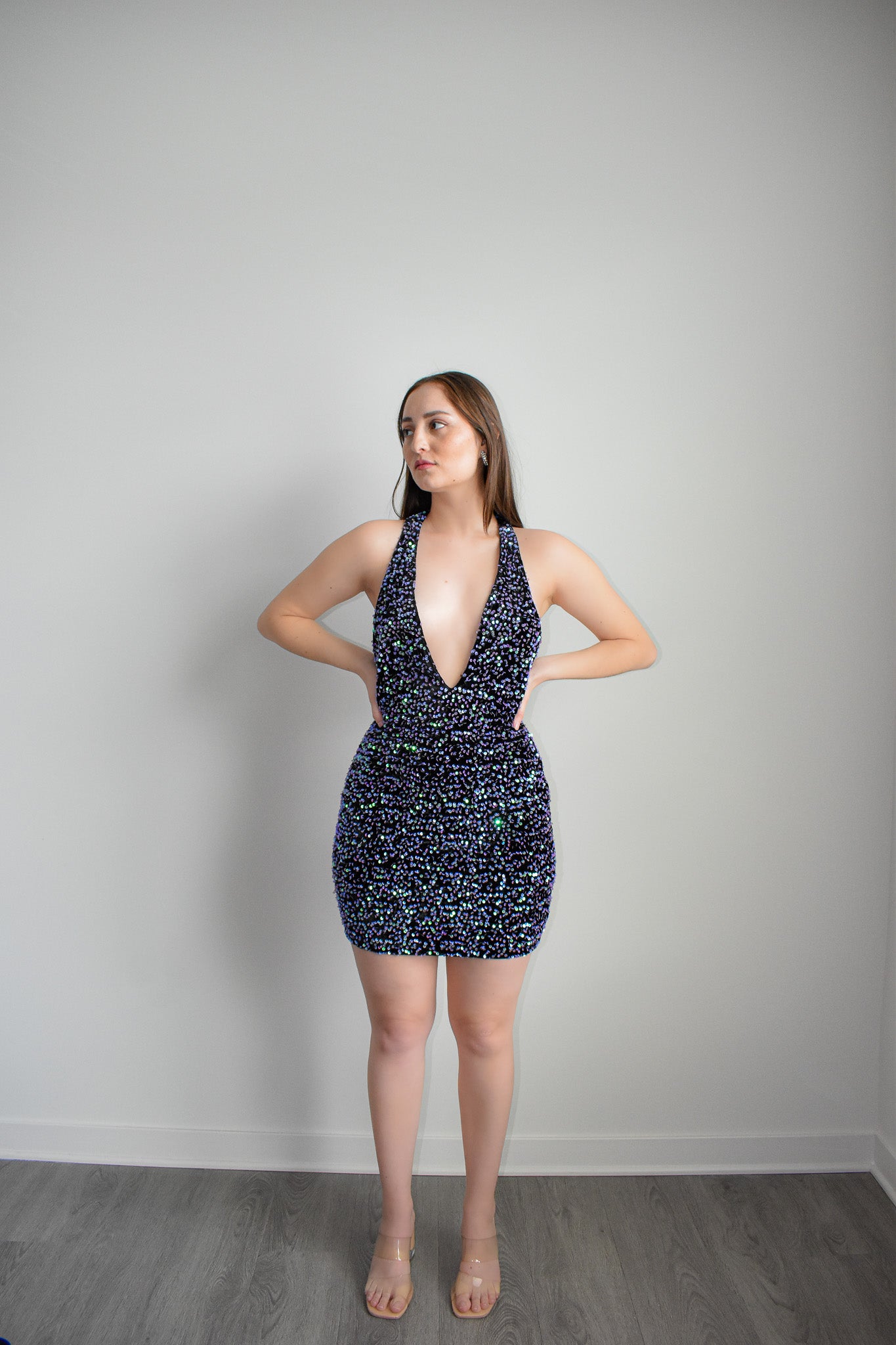 Lavender and Black Sequin Halter Top Mini Dress
