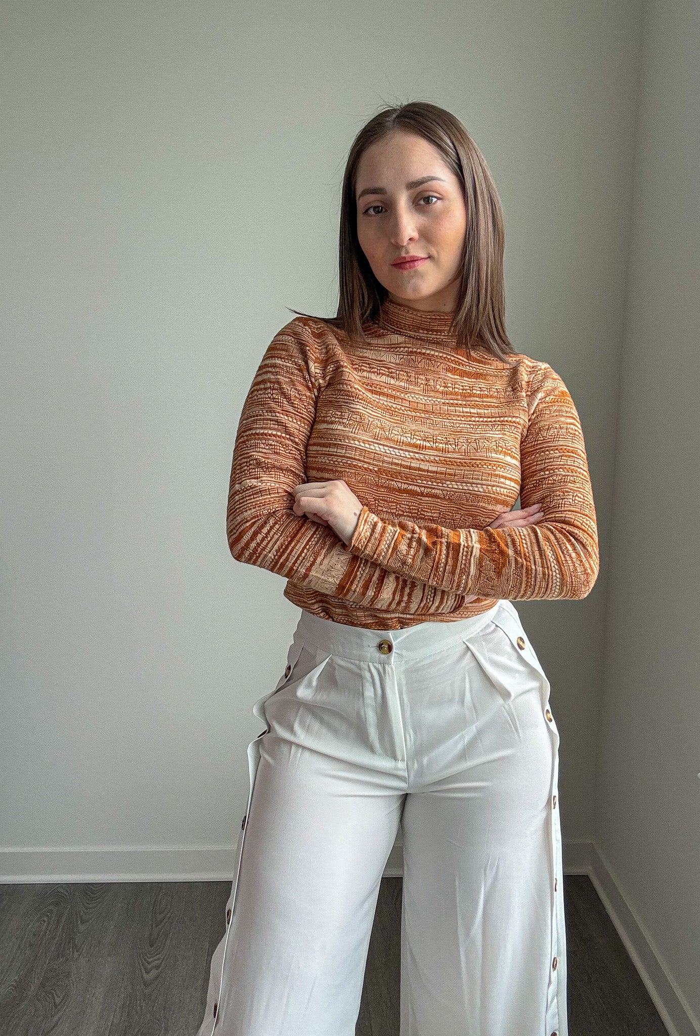 Caramel Mock Neck Pointelle Sweater Top