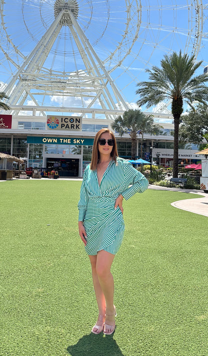 Green Stripe Satin Shirt Dress