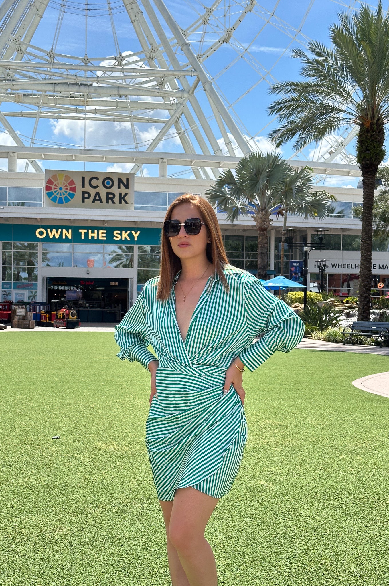 Green Stripe Satin Shirt Dress