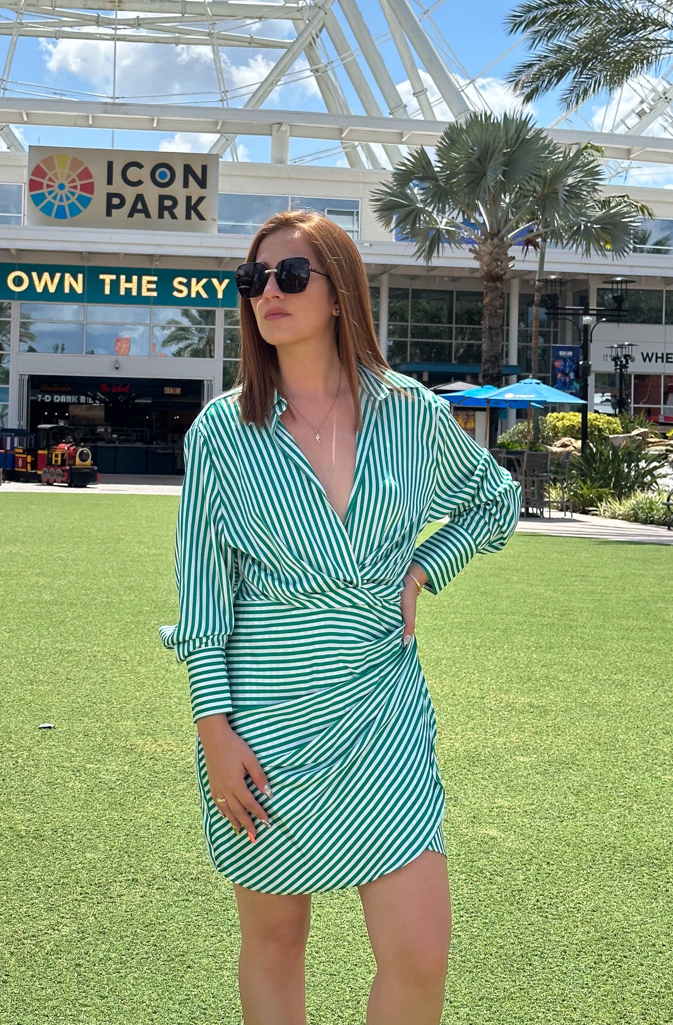Green Stripe Satin Shirt Dress