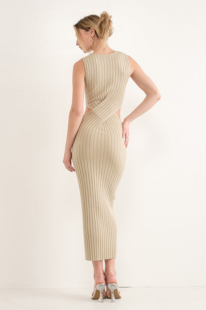Khaki Cut-Out Ribbed Knit Maxi Dress