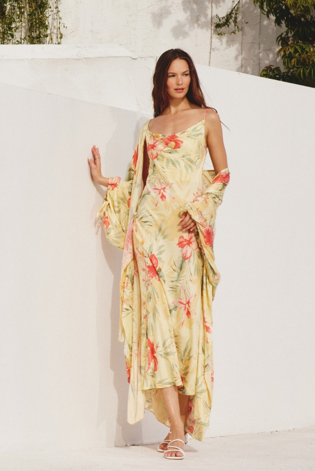 Sunset Garden Cowl Neck Midi Dress