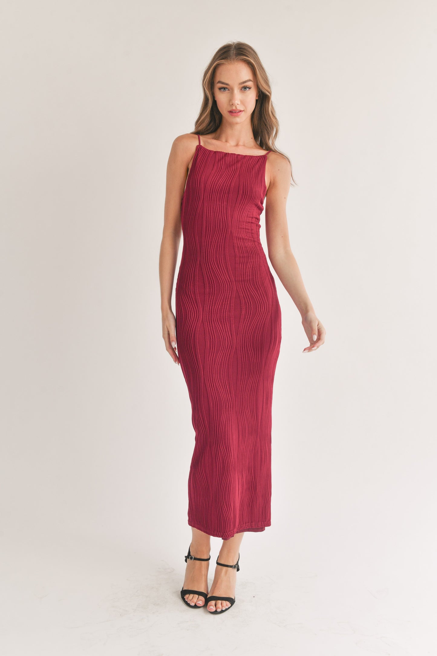 Wine Square Neck Bodycon Midi Dress
