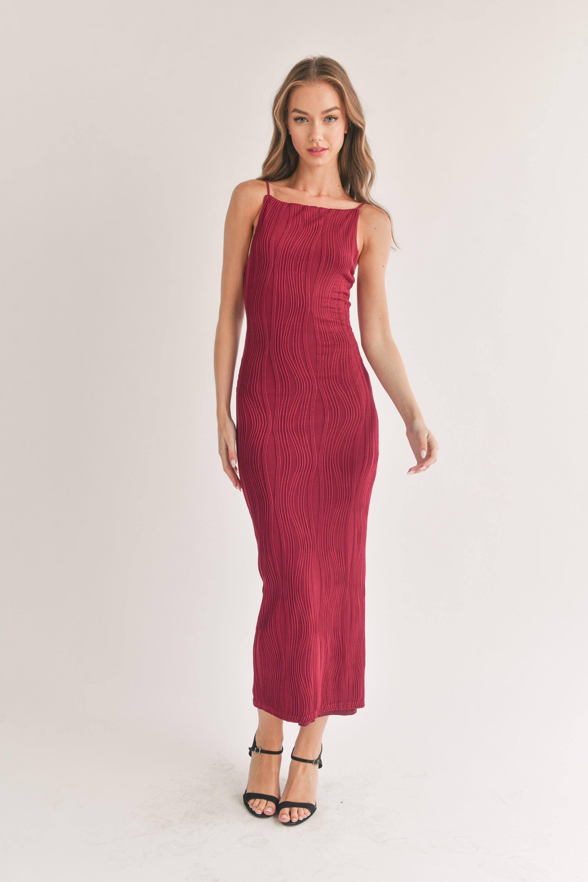 Wine Square Neck Bodycon Midi Dress