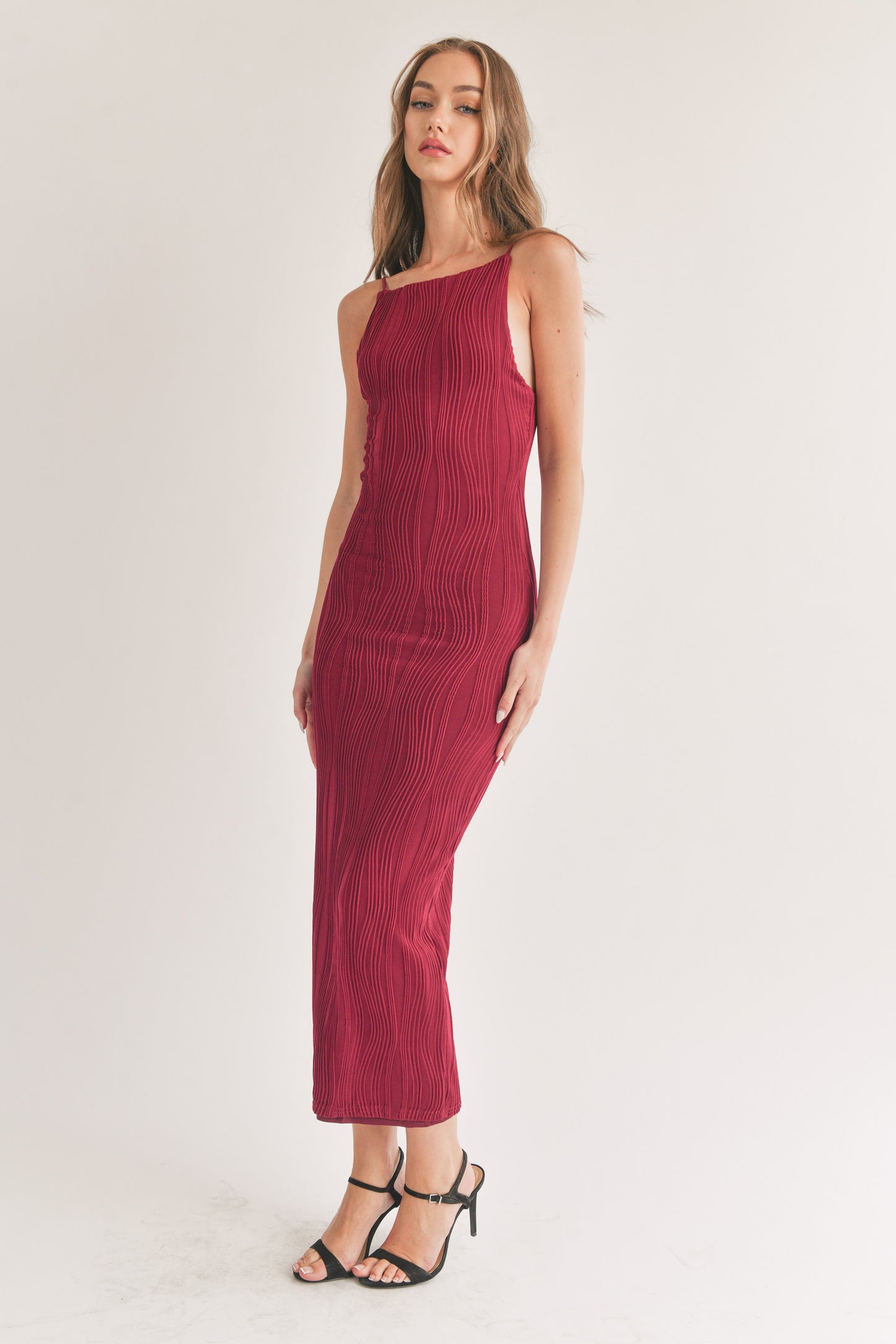 Wine Square Neck Bodycon Midi Dress