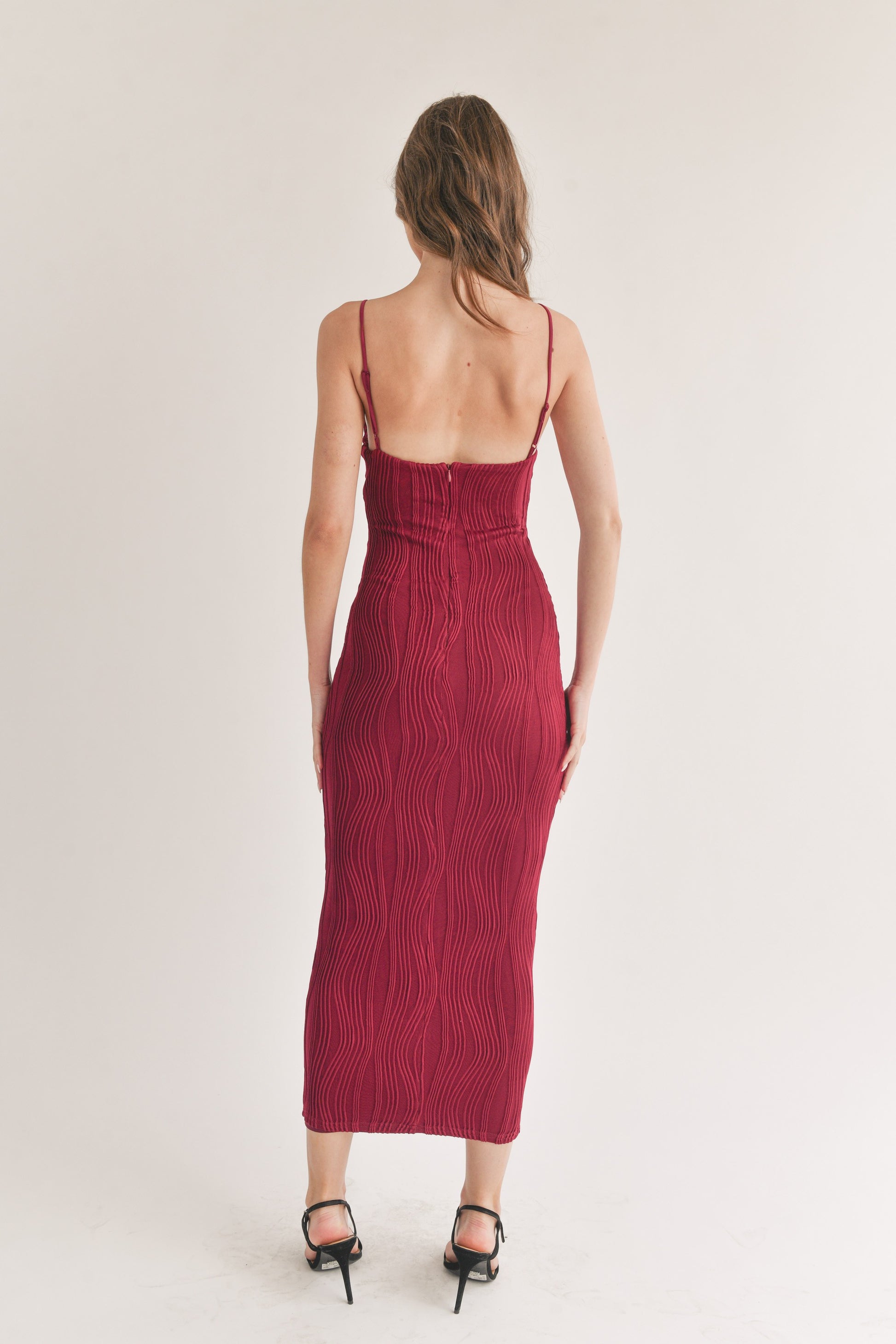 Wine Square Neck Bodycon Midi Dress
