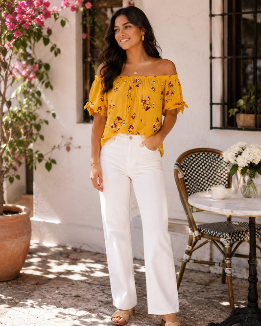 Yellow Floral Half-Shoulder Blouse | Tropical Summer Top for Women | Larise