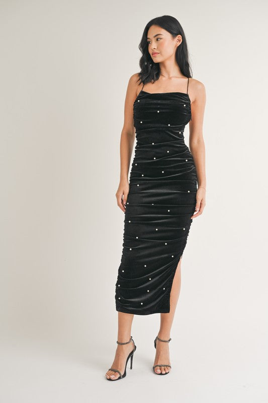 Pearl Essence Velvet Midi Dress / blue crystal boutique 