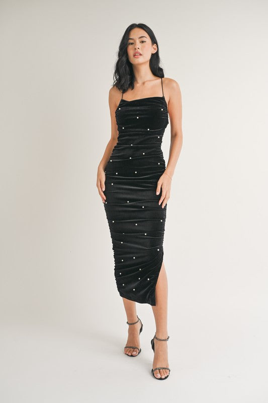 Pearl Essence Velvet Midi Dress / blue crystal boutique 