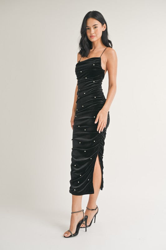 Pearl Essence Velvet Midi Dress / blue crystal boutique 