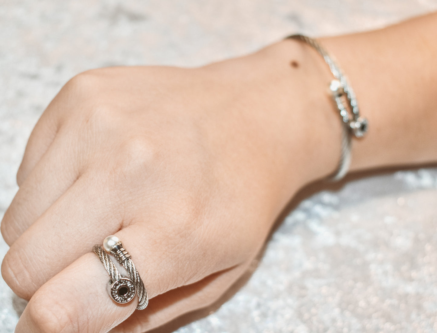Silver cuff bracelet with ring