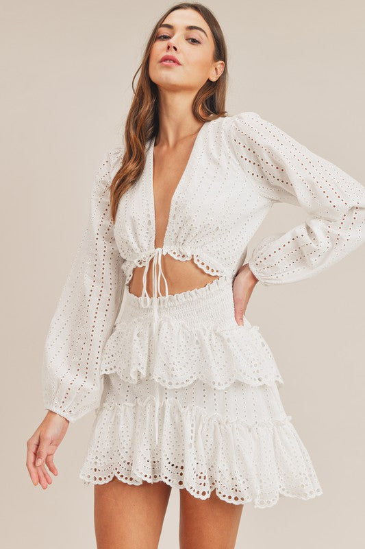 Ruffle Tier Lace Eyelet Cutout Mini Dress - white dress