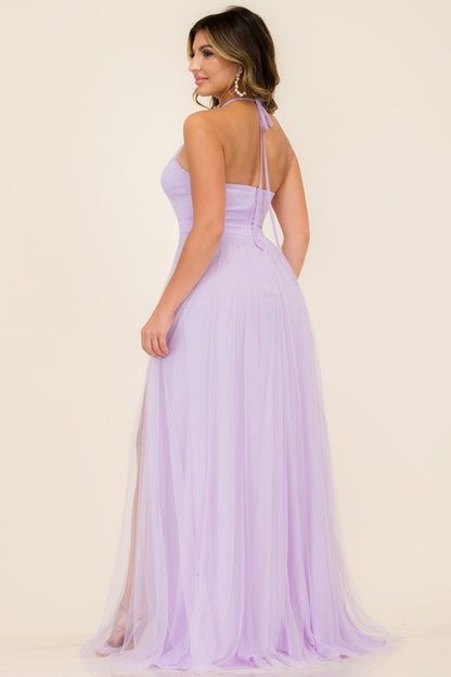 Lavender Sophistication Maxi Dress -Purple Halter Neck Tulle Maxi Dress