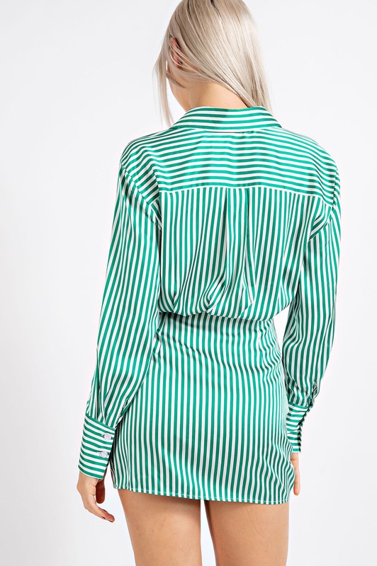 Green Stripe Satin Shirt Dress