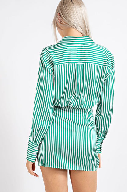 Green Stripe Satin Shirt Dress