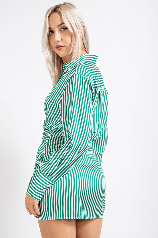 Green Stripe Satin Shirt Dress