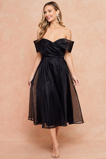 Midnight Beauty Off-the-Shoulder Organza Midi Dress – Timeless Elegance