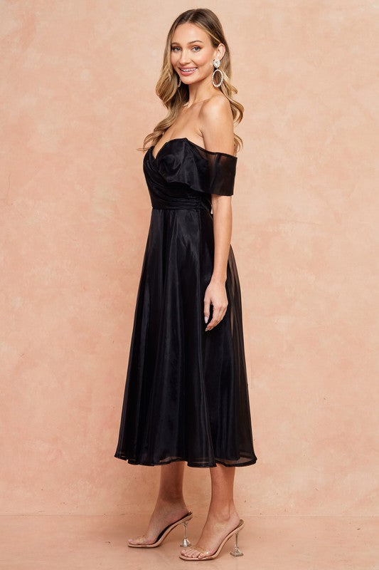 Midnight Beauty Off-the-Shoulder Organza Midi Dress – Timeless Elegance