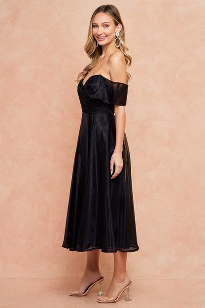 Midnight Beauty Off-the-Shoulder Organza Midi Dress – Timeless Elegance
