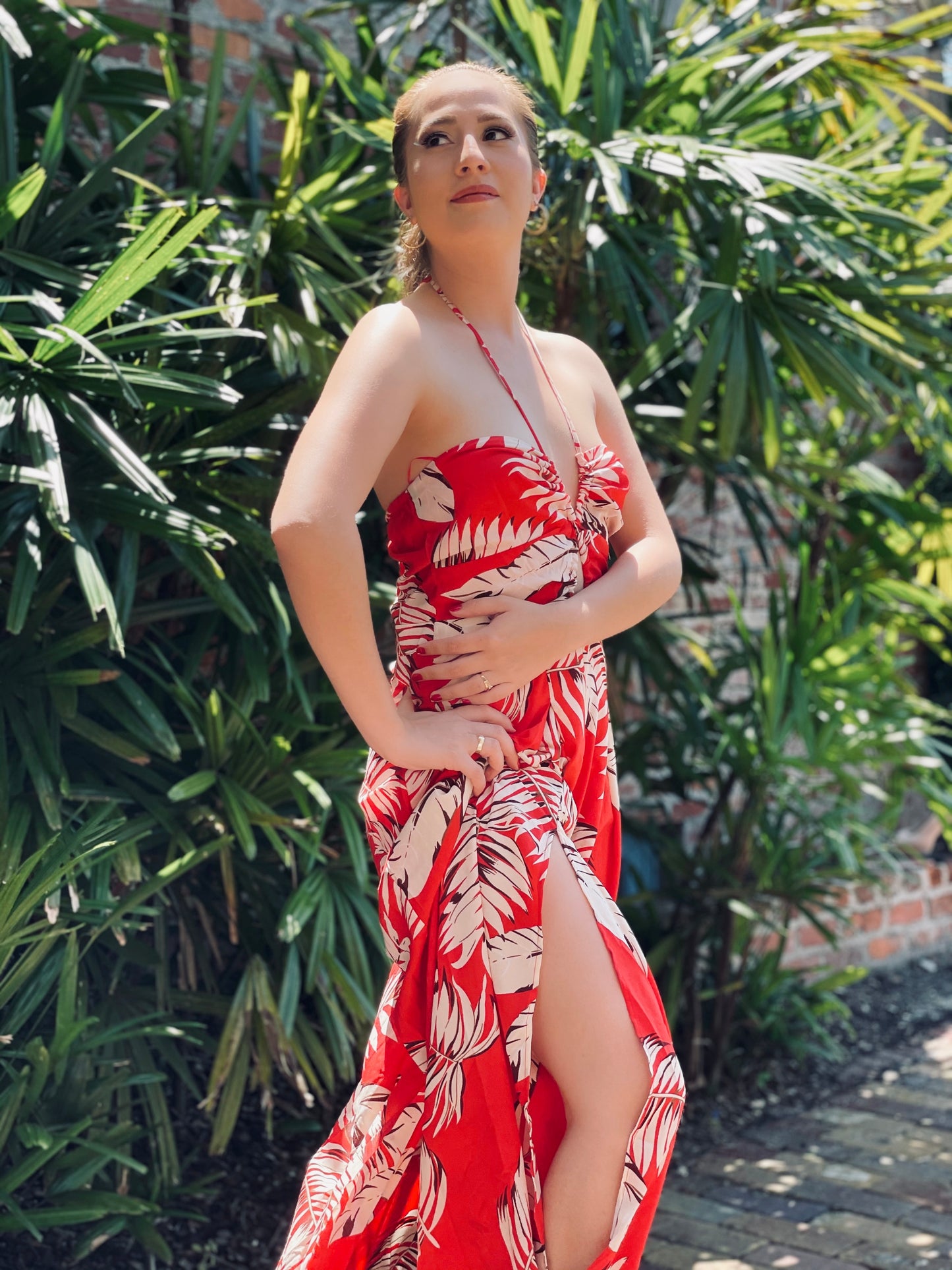 Tropical red print dress