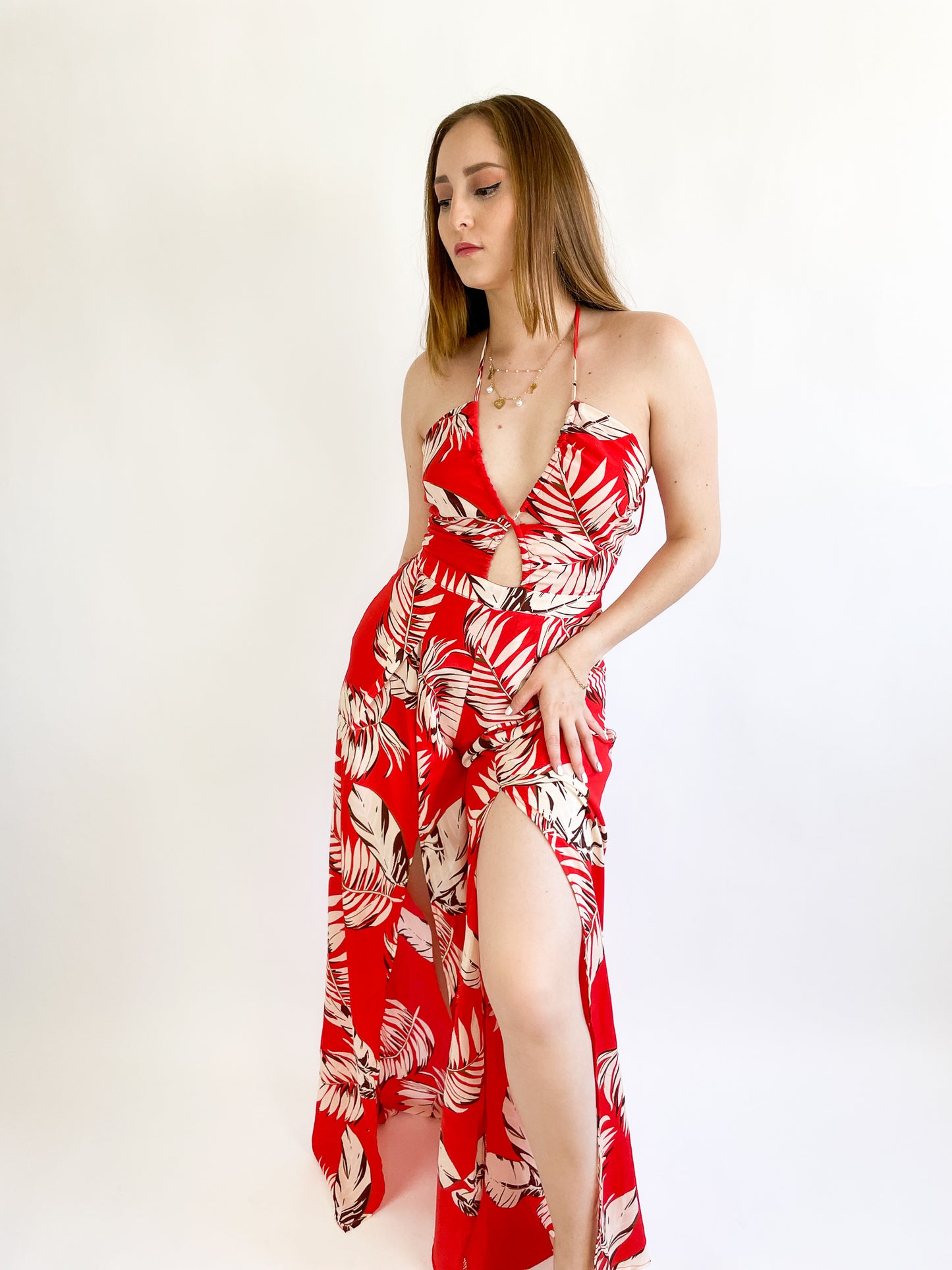 Tropical red print dress