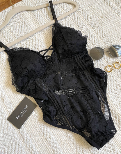 Black floral bodysuit /Mesh Noir Bodysuit